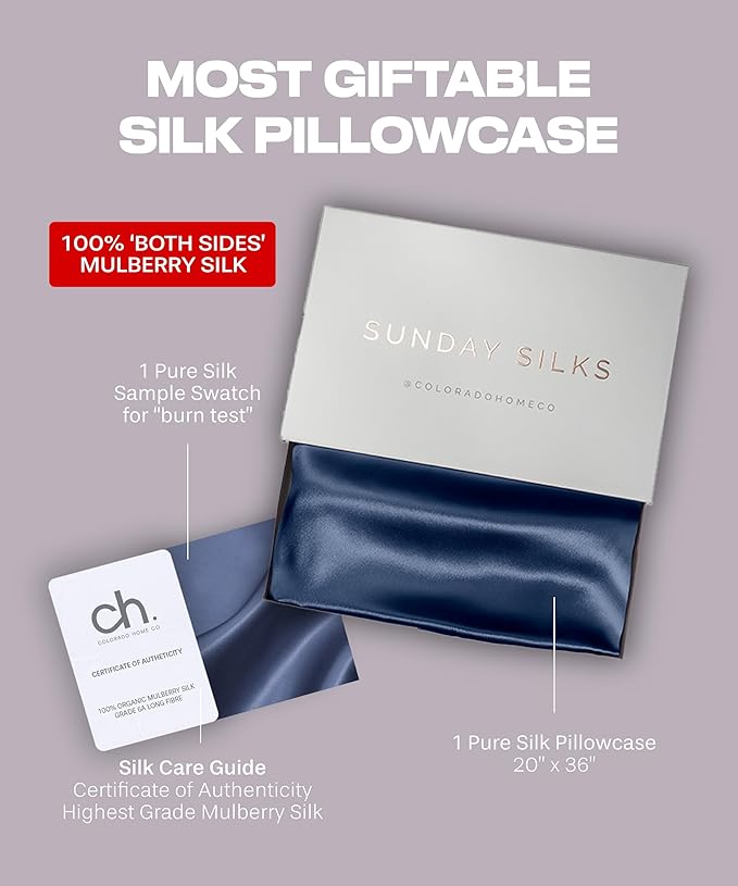 SUNDAYSILKS™ Premium Silk Pillow Cases | 100% Mulberry Silk Pillowcase with Zipper, All Sides Real 22 Momme Grade 6A Silk, Standard Queen, King Size [Navy Blue]