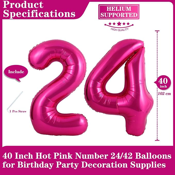Hot Pink 24 Number Balloons, 40 Inch Giant Number 24 Balloons Foil Mylar Helium - Image 2