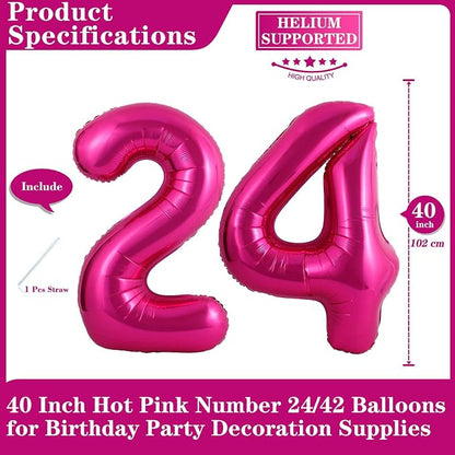 Hot Pink 24 Number Balloons, 40 Inch Giant Number 24 Balloons Foil Mylar Helium - Image 2
