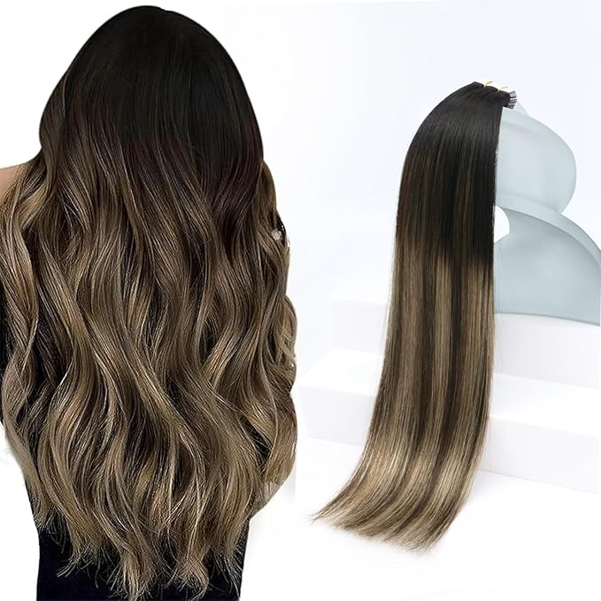 Sunny Hair Tape in Hair Extensions Real Human Hair Invisible Remy Hair Extensions Tape ins for Women Natural Black Ombre Dark Brown Balayage Ash Blonde 14 inch 20Pcs 50G