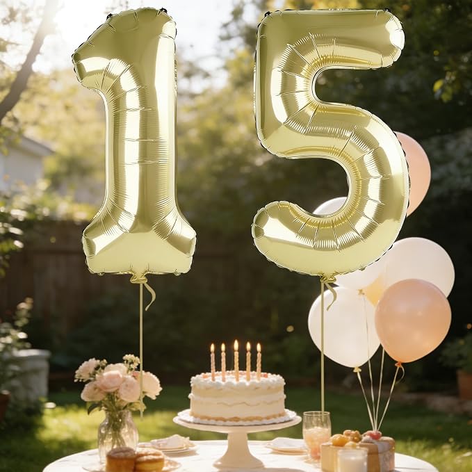 40 Inch Number 15 Balloons for 15th Birthday Party Decorations, 0-100 Champagne - Image 3