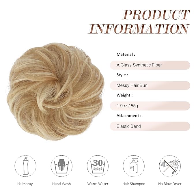 FESHFEN Messy Bun Hair Pieces - Large Wavy Curly Elastic Hair Bun Scrunchies Ponytail Extensions Synthetic Chignon Hairpieces for Women, Dark Golden Mix Beige Blonde 1.94oz