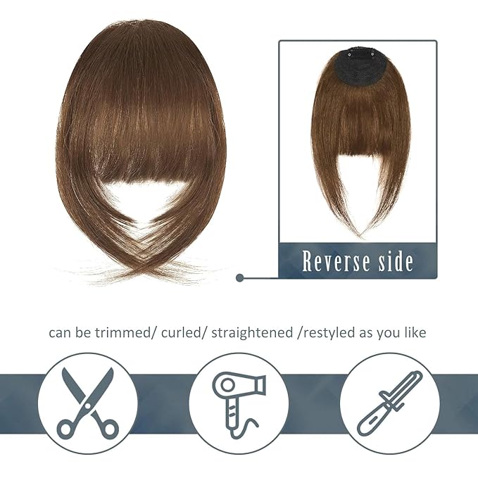 BARSDAR Real Human Hair Clip in Bangs - 100% Human Hair Clip in Bangs for Women - Brown French Bangs Extensions Fringe with Temples Real Hair Fringe Hairpieces - Medium Golden Brown