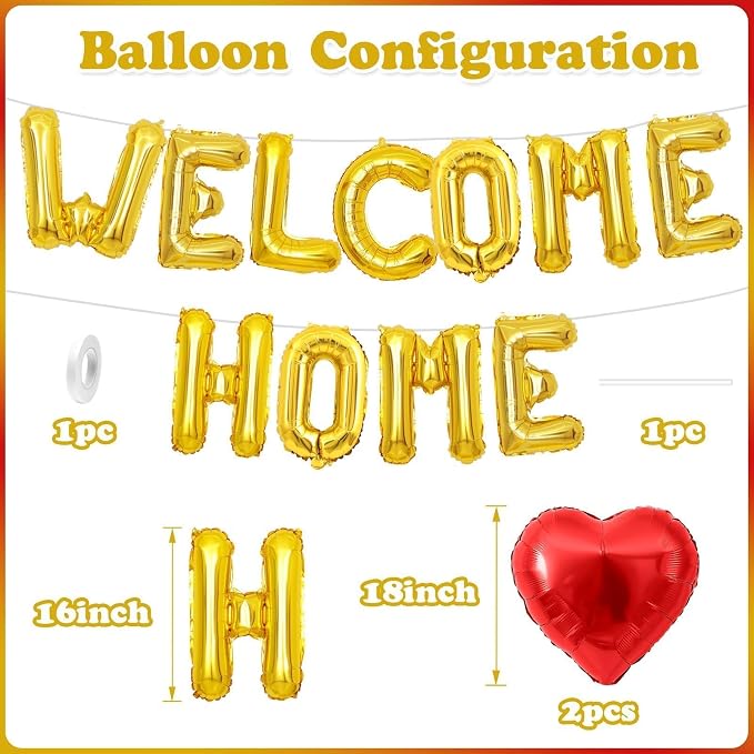 Welcome Home Balloons Red Gold, 16Inch Welcome Home Foil Balloons Banner - Image 3