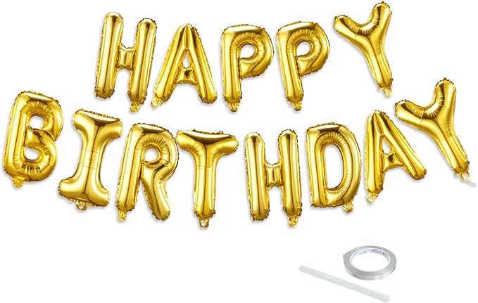 Gold Happy Birthday Balloon Banner Set -16 Inch Foil Letters Balloons, Reusable by KEJ