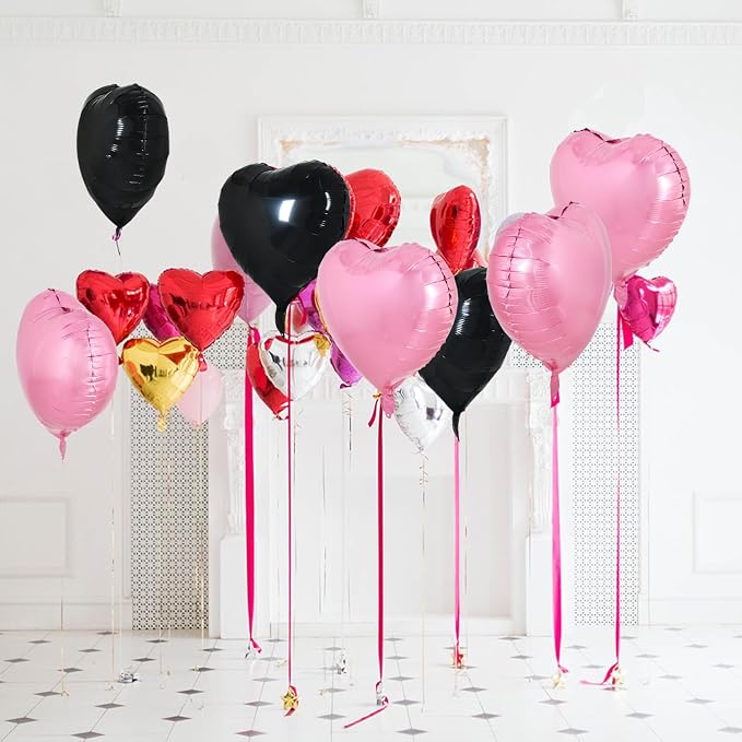 TONIFUL 30 Pcs Pink Black Heart Balloons 18 Inch Heart Shape Foil Balloon | - Image 5