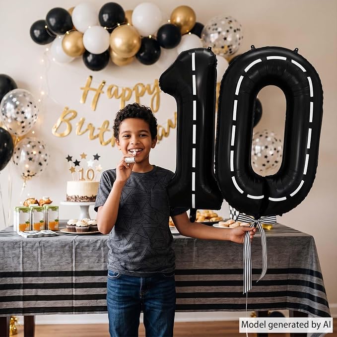 Black and White Stripes Number 10 Balloon 40 Inch, Track Digit Decor | - Image 2