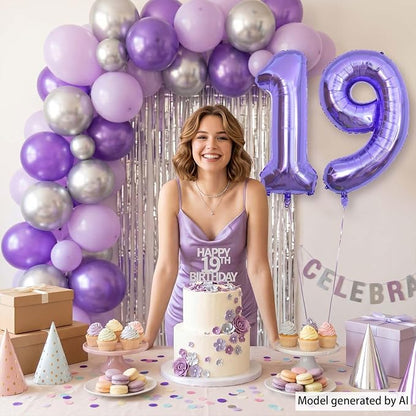 Purple Number 19 Balloon 40 Inch, Large Metallic Lavender Mylar Foil 19 Balloons - Image 2