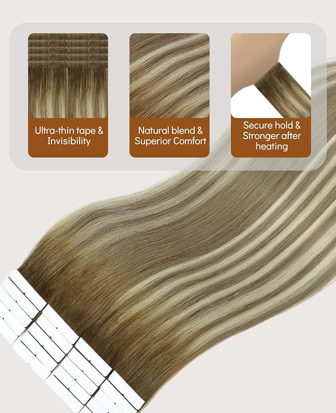 VINBAO Invisi Edge Tape in Human Hair Extensions Balayage Brown to Light Brown with Medium Blonde 14in 40g 20pcs Injected Tape in Real Human Hair 14inch #3/8/22