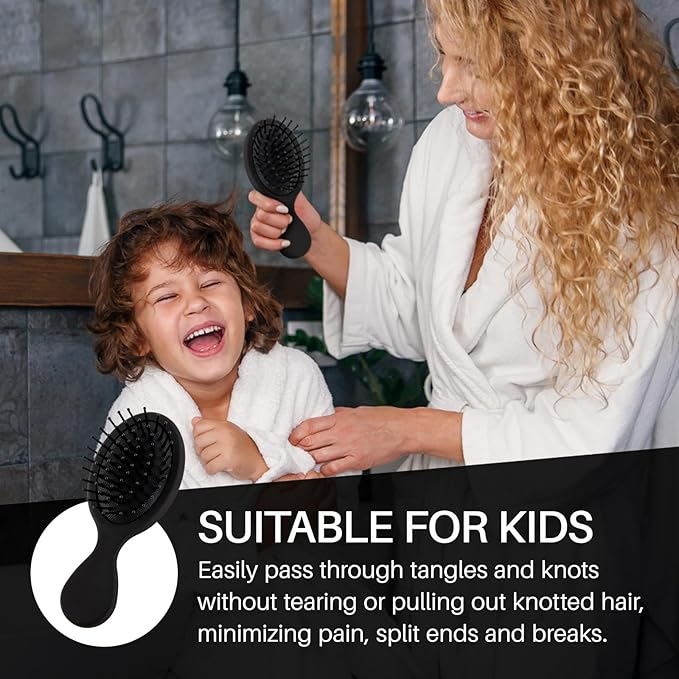 RHOS Mini Hair Brush for Women,Men and Kids-Travel Size Hair Brush for Purse,Pocket,backpack-Small Cushion Paddle Brush with Soft Bristles-Mini Detangler Brush for All Hair Types(1 Pack-Black)