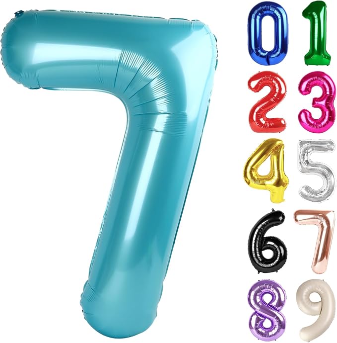 7 Balloon - Pastel Blue Birthday Number Balloons, 40 Inch Decorations | Pastel by ALPHADELTAPI