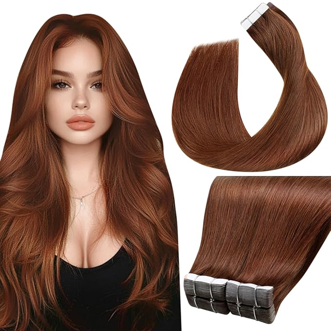 LaaVoo Tape in Human Hair Extensions Auburn Brown Tape in Extensions Human Hair Seamless Hair Extension Tape on for Women 24inch 40pcs 100g