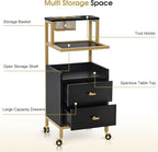 BarberPub Rolling Salon Cart with Storage Drawers, Barber Trolley with Metal Tool Holder & Basket, Beauty Salon Equipment for Hair Stylist 2084 (Black)