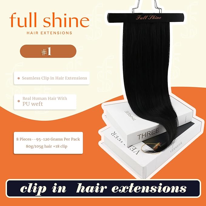 Full Shine Black Hair Extension Clip ins 20 Inch Seamless Human Hair Clip in Extensions for Black Woman Black Clip ins Hair Extension Straight Hair 8 PCS 120 G