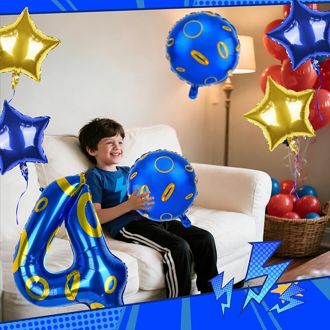40 Inch Blue and Golden Ring Themed Number Balloon, Number Block Foil Number 4 - Image 6