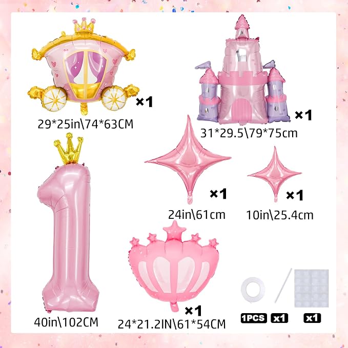 Minyu 6-Piece Princess Theme Party Decoration Set: Princess Carriage + Pink - Image 2