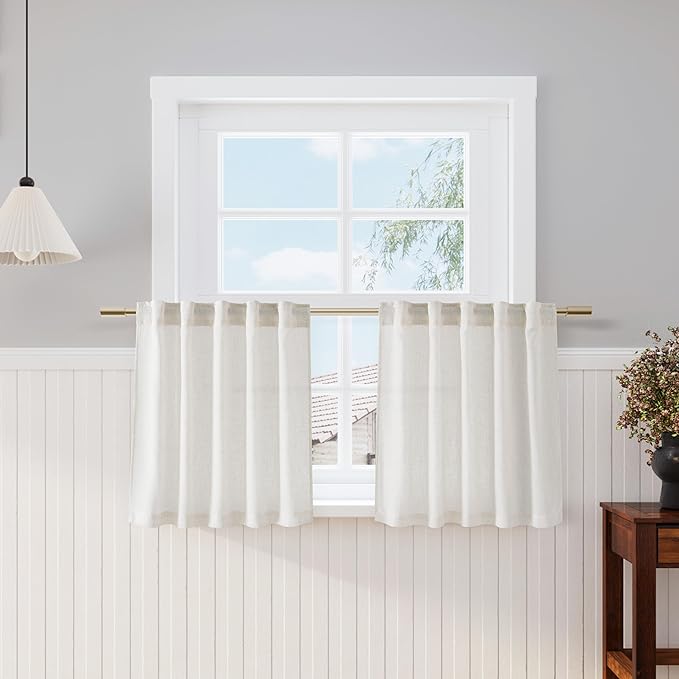 Cream Linen Cafe Curtains 24 Inch Length Light Filtering Semi Sheer Mini by Nanspring