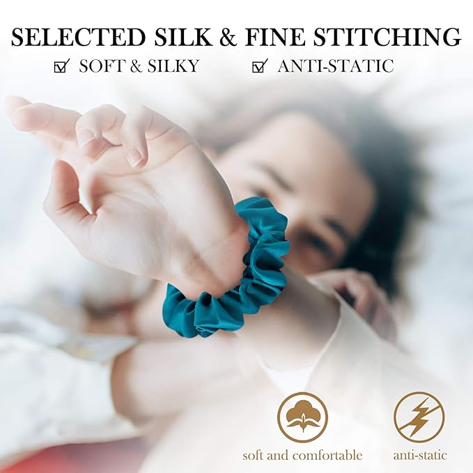 MulberrySilk Scrunchies for Women Hair Ties for Sleep and Night Hair Sleep, Women Grils Silk Hair Ties 3 Pack（Black,Taupe,Peacock blue）