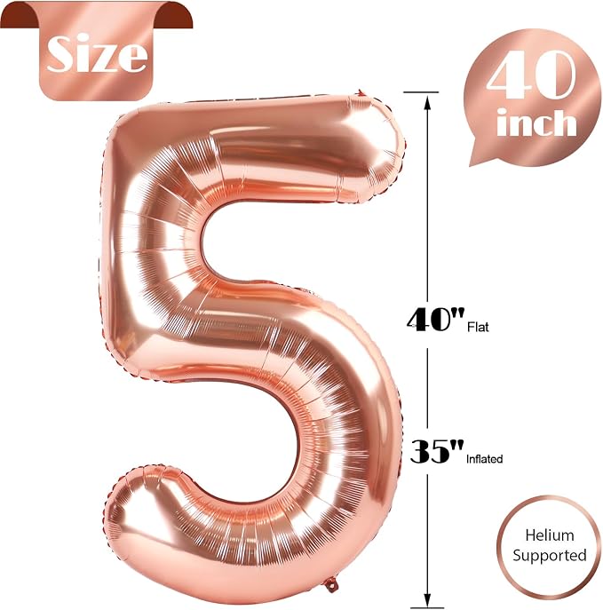Rose Gold Number 5 Balloon 40 Inch, 5th Birthday Decorations Men Women | Foil - Image 6