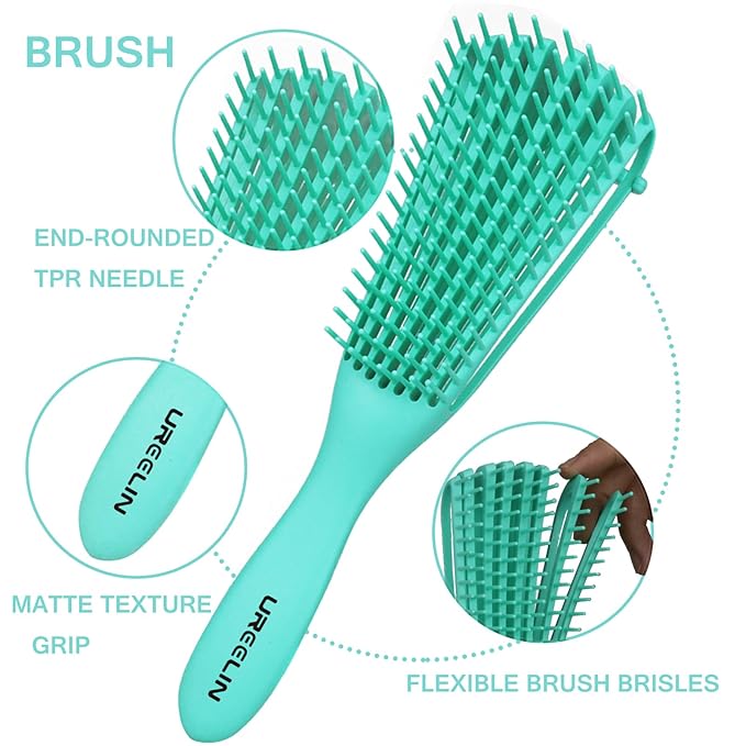 Detangling Brush Set: Ergonomic Edge & Back Brush, Rat Tail Comb, Alligator Clips for 3a to 4c Textured, Kinky, Wavy, Coily, Wet, Dry, Oily, Thick or Long Hair (Green)
