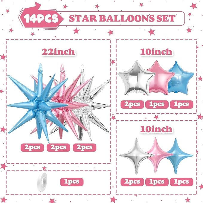 14pcs Pink Blue Silver Star Balloons, Mixed Star Foil Balloon, 22Inch Explosion - Image 2