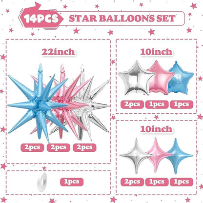 14pcs Pink Blue Silver Star Balloons, Mixed Star Foil Balloon, 22Inch Explosion - Image 2