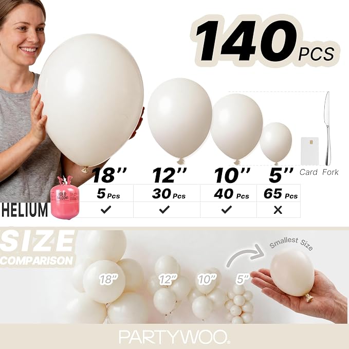 PartyWoo White Balloons 140pcs Sand Beige Cream Ivory Color 18 12 10 5 Inch | - Image 6