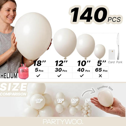PartyWoo White Balloons 140pcs Sand Beige Cream Ivory Color 18 12 10 5 Inch | - Image 6