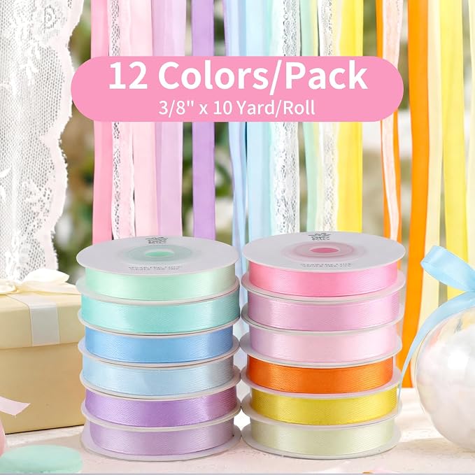 woric 120 Yards Rainbow Ribbon 12 Colors 3/8" x 10 Yards/Roll | Colorful Satin - Image 2