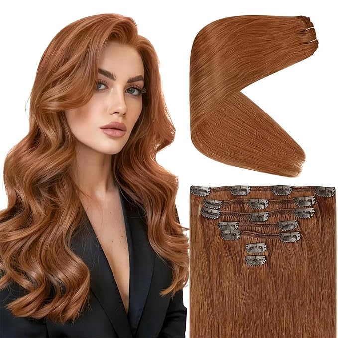 Ve Sunny Clip in Extensions Real Human Hair Ginger Copper Hair Extensions Full Head Clip in Hair Extensions Human Hair Natural Straight 7pcs 20 inch 120g