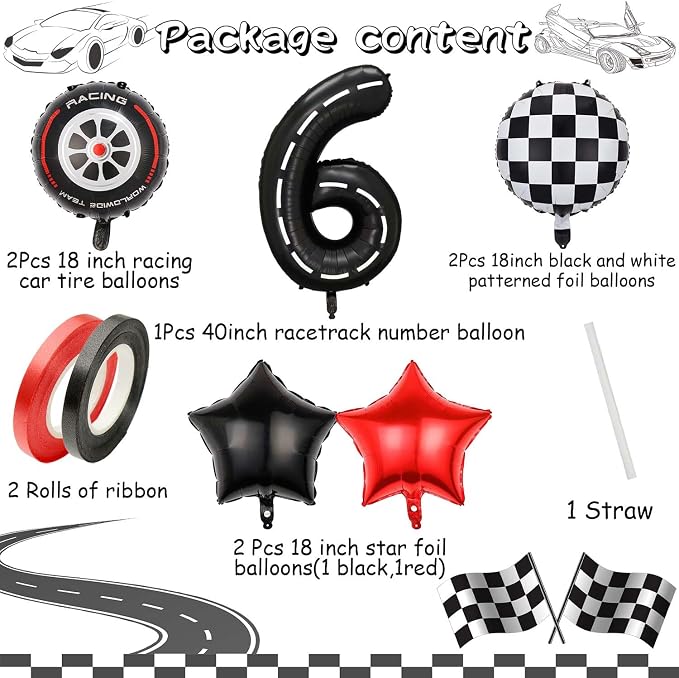 Race Car Balloons, 40 Inch Racetrack Number 6 Balloon, Big Number Balloons Black - Image 7