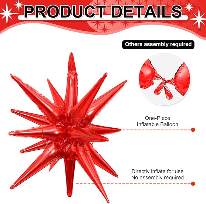 9Pcs Red Star Balloons, Large Explosion Star Foil Balloons, Metallic Red Mylar - Image 3