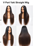 YIROO V Part Wig Human Hair No Leave Out Ombre Chestnut Brown Yaki Straight Glueless Human Hair Wig Upgrade U Part Wigs for Women V Shape Clip in Half Wig No Glue No Sew in Beginner Wig 26inch