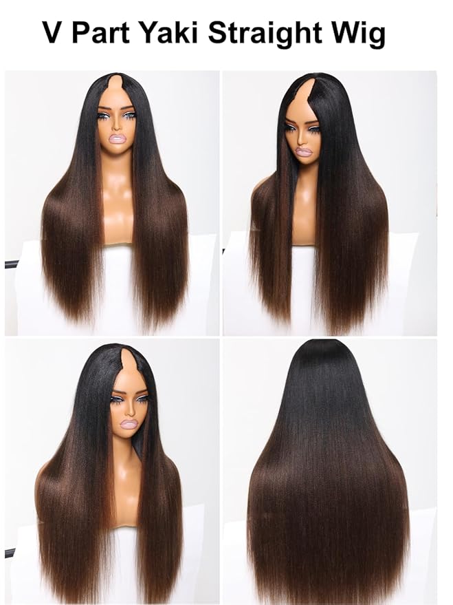 YIROO Human Hair No Leave Out Ombre Chestnut Brown Yaki Straight U Part Wig - Clip-in, Glueless, No Sew Half Wig - 22 inch