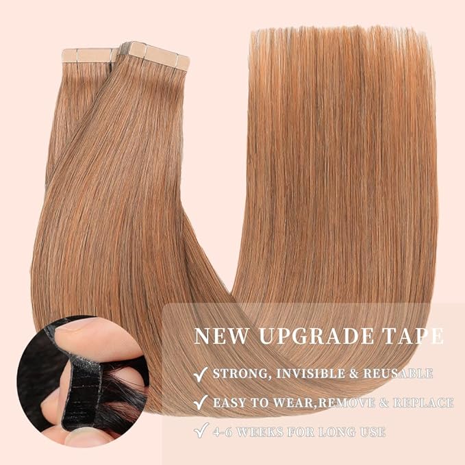 Tape in Hair Extensions Human Hair, Light Brown Real Human Hair Extensions 20pcs Remy Straight Tape ins Invisible (30#, 20 Inch)