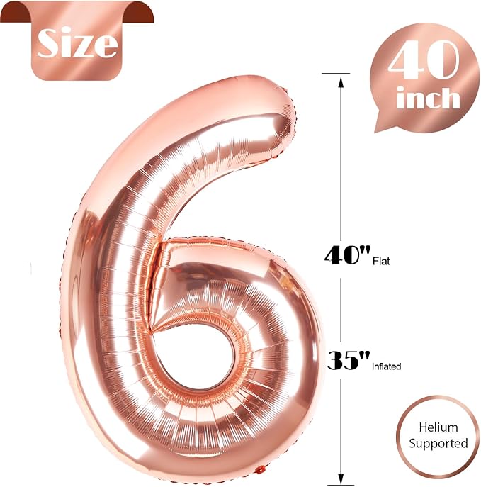 Rose Gold Number 6 Balloon 40 Inch, 6th Birthday Decorations Men Women | Foil - Image 6