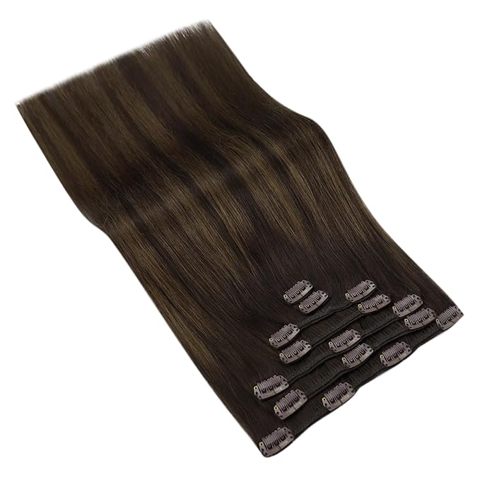 Ve Sunny Clip in Human Hair Extensions, Real Hair Extensions Clip in Human Hair, Human Hair Extensions Clip ins Dark Brown Ombre Medium Brown Balayage Hair Extensions 5pcs 80g 12inch