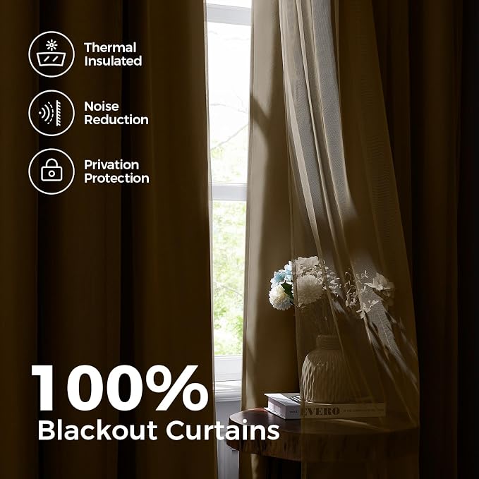 100% Blackout Curtains for Bedroom, Double Layer Khaki Curtains, Room Darkening - Image 3