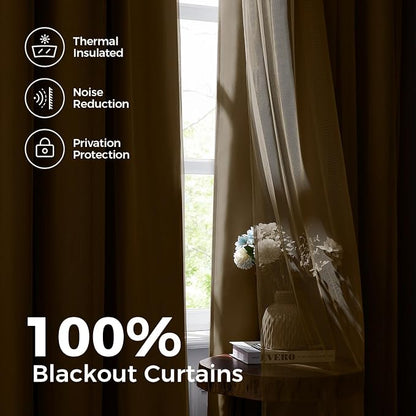 100% Blackout Curtains for Bedroom, Double Layer Khaki Curtains, Room Darkening - Image 3