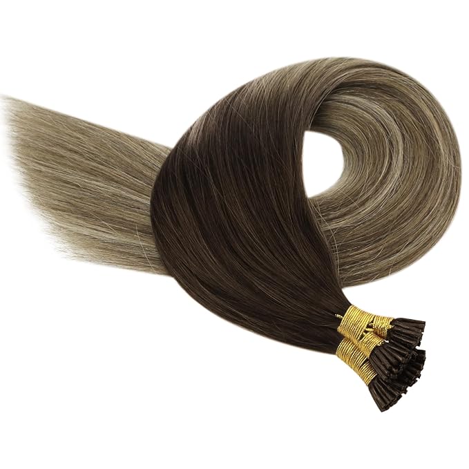 YoungSee I Tip Hair Extensions Human Hair Balayage Itip Hair Extension Real Human Hair Ombre 14 Inch Itip Human Hair Extension Dark Brown Ombre Brown Tip Hair Extension for Short Hair 80s 50g