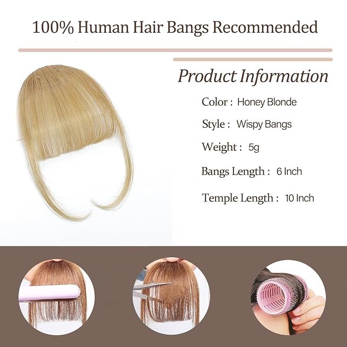 Clip In Bangs- Real Human Hair Ash Blonde Clip On Bangs Air Bangs For Women Clips Wispy Bangs Fringe With Temples Hairpieces Curved Bangs For Daily Wear