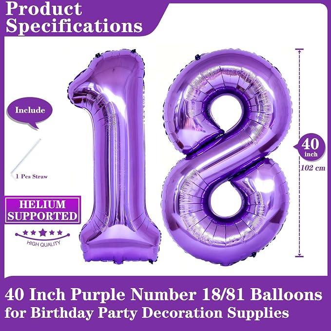 Purple 18 Number Balloons, 40 Inch Giant Number 18 Balloons Foil Mylar Helium - Image 2