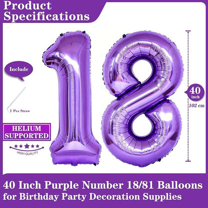 Purple 18 Number Balloons, 40 Inch Giant Number 18 Balloons Foil Mylar Helium - Image 2