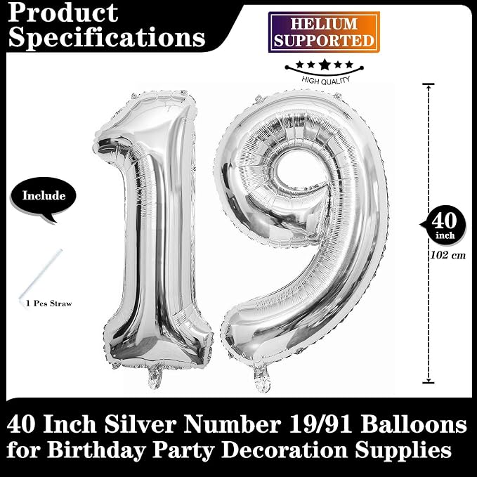 Silver 19 Number Balloons, 40 Inch Giant Number 19 Balloons Foil Mylar Helium - Image 2