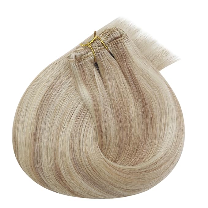 Ve Sunny Clip in Hair Extensions Real Human Hair Blonde Highlight Warm Color Remy Hair Clip on Hair Extensions for Women Short 5pcs 80g 12 inch