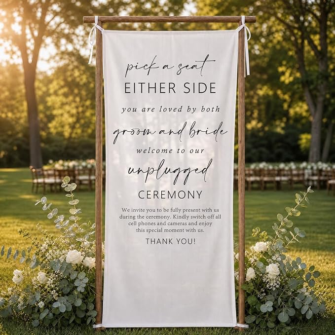 Pick a Seat Wedding Banner 73 x 30 Inch, Polyester Unplugged Ceremony Sign - Image 5