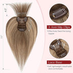 Human Hair Topper with Bangs for Women, 360° Cover Clip in Fringe Bangs Hair Toppers Hair Piece with Highlights 3.15x4.33 Hand-tied Base Medium Brown&Dark Blonde