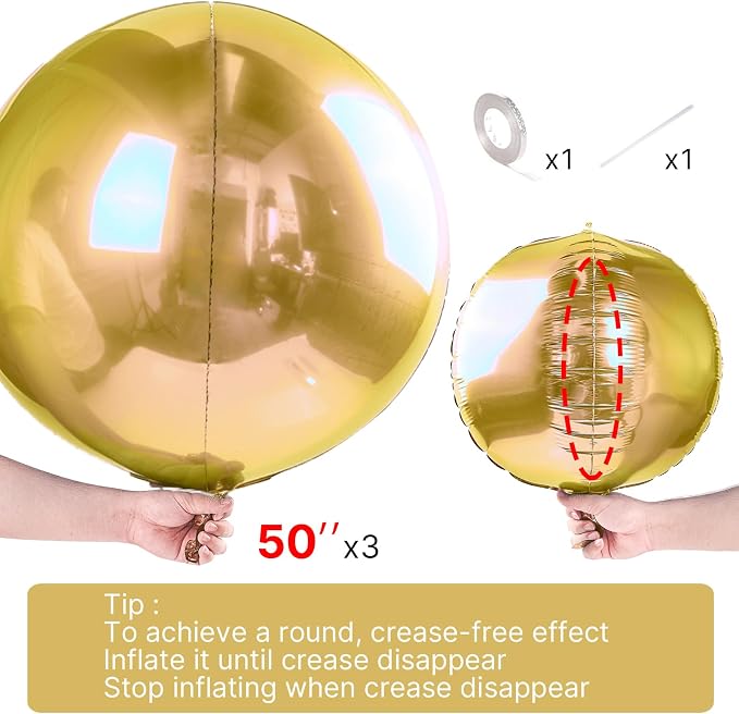 PartyWoo Metallic Gold Large Round Giant 4D Foil Balloons 3pcs 50 Inch | 50 Inch - Image 4