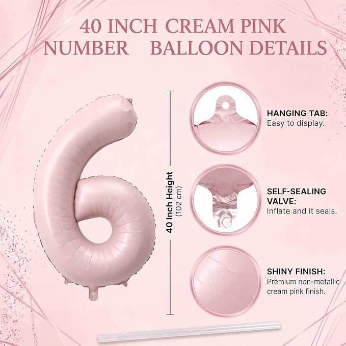 Baby Pink Number 6 Balloon 40 Inch, Foil Digit Milestone Party Supplies | - Image 4