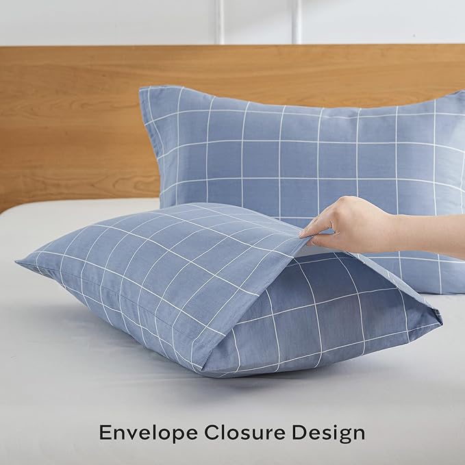 JELLYMONI 100% Natural Cotton Plaid King Pillowcases Set, 2 Pack Blue Checkered Pattern Printed Pillow Covers with Envelope Closure (Pillows are not Included)